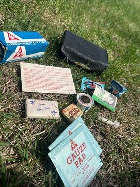 Vintage First Aid Kit Pieces with Gauze Pad - Blue & Black 1939